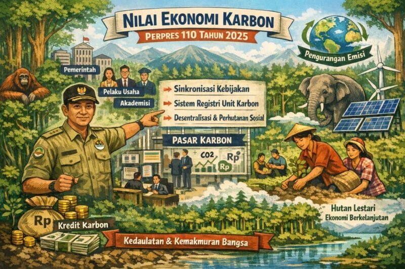 Pemerintah menerbitkan Perpres Nomor 110 Tahun 2025 untuk mempertegas kedaulatan pengelolaan karbon dan mempermudah sistem perdagangan. (Ilustrasi: Kitani.id)