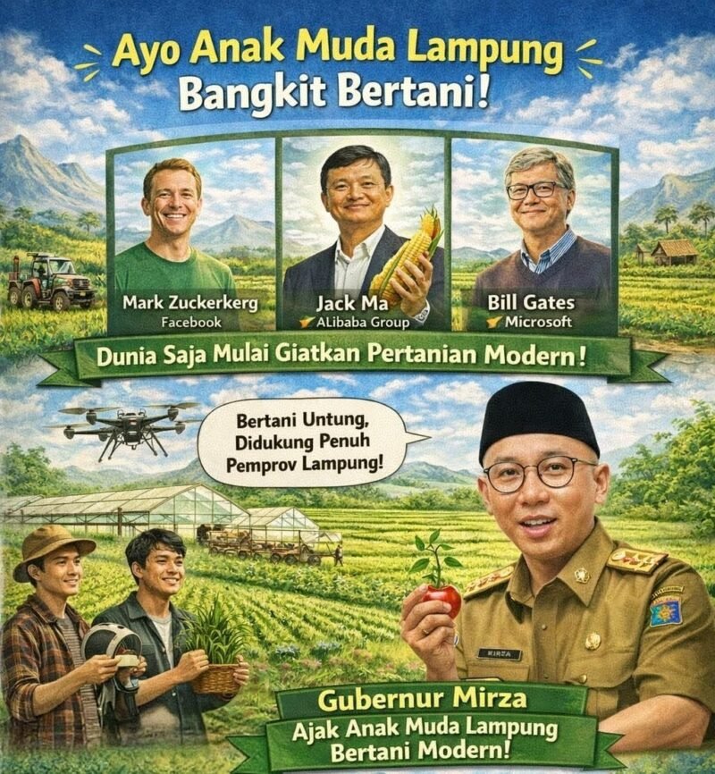 Gubernur Mirza membersamai anak muda Lampung yang ingin bertani sebagai upaya regenerasi petani dan pertanian modern berkelanjutan. (Ilustrasi: ist)