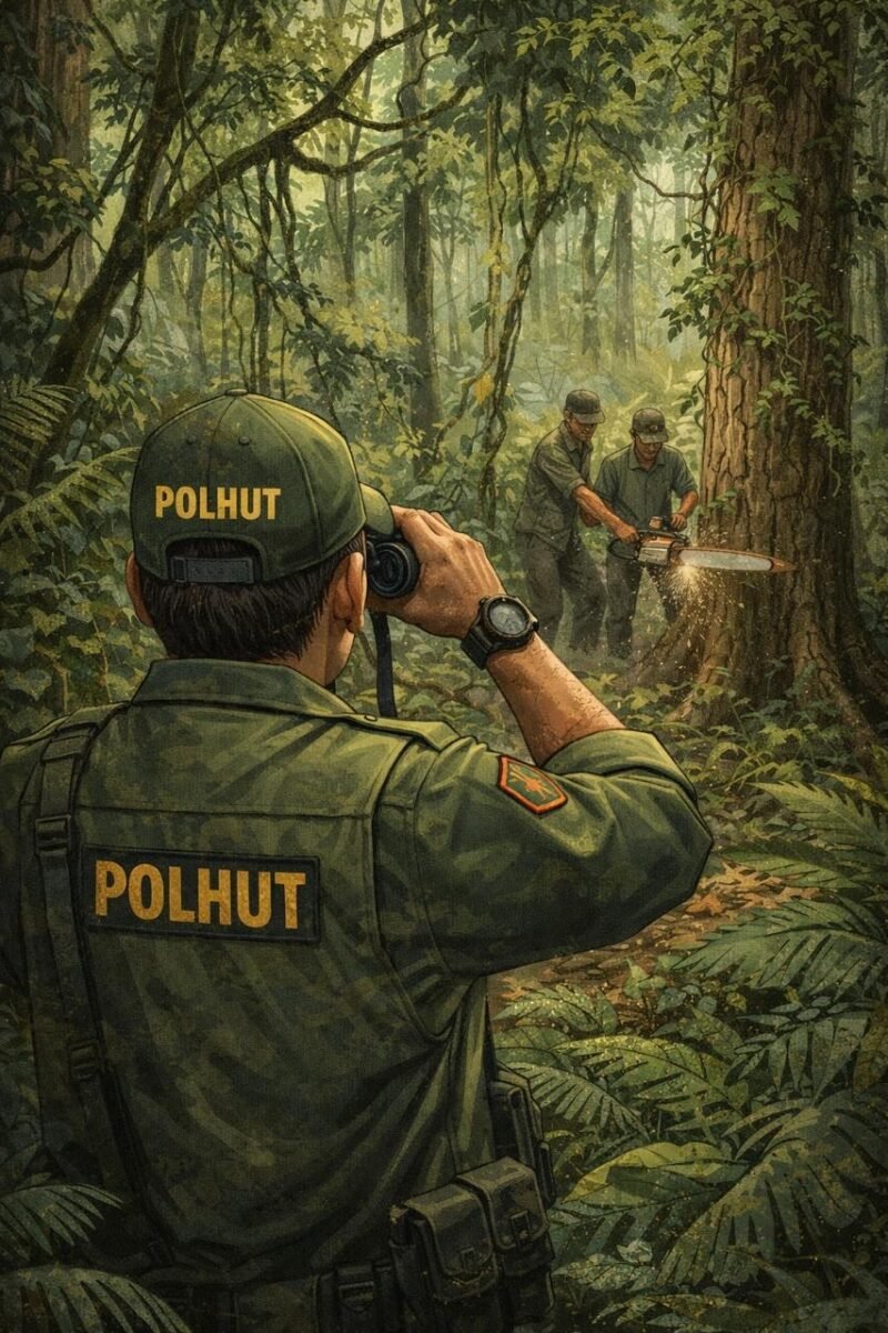 Luas hutan Indonesia mencapai 125 juta hektar yang harus dijaga. Sedangkan jumlah polisi hutan hanya ada sekitar 4.800 di seluruh Indonesia. (Ilustrasi: Kitani.id)