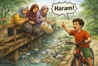 Majelis Ulama Indonesia (MUI) secara resmi mengeluarkan fatwa haram bagi siapa pun yang membuang sampah ke sungai, danau dan laut. (ilustrasi: Kitani.id)