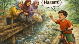 Majelis Ulama Indonesia (MUI) secara resmi mengeluarkan fatwa haram bagi siapa pun yang membuang sampah ke sungai, danau dan laut. (ilustrasi: Kitani.id)