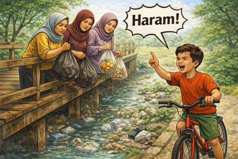 Majelis Ulama Indonesia (MUI) secara resmi mengeluarkan fatwa haram bagi siapa pun yang membuang sampah ke sungai, danau dan laut. (ilustrasi: Kitani.id)