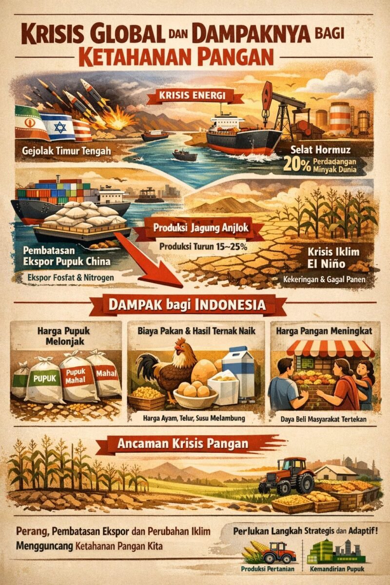 Perang di Timur Tengah dan pembatasan ekspor dari Tiongkok memicu lonjakan harga minyak serta bahan baku pupuk global (fosfat & kalium). (ilustrasi: Kitani.id)
