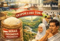 Pemerintah memulai ekspor perdana beras premium hasil petani dalam negeri sebanyak 2.280 ton untuk memenuhi kebutuhan logistik jamaah haji tahun 2026. (Ilustrasi: ist)