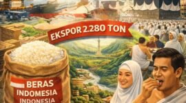 Pemerintah memulai ekspor perdana beras premium hasil petani dalam negeri sebanyak 2.280 ton untuk memenuhi kebutuhan logistik jamaah haji tahun 2026. (Ilustrasi: ist)