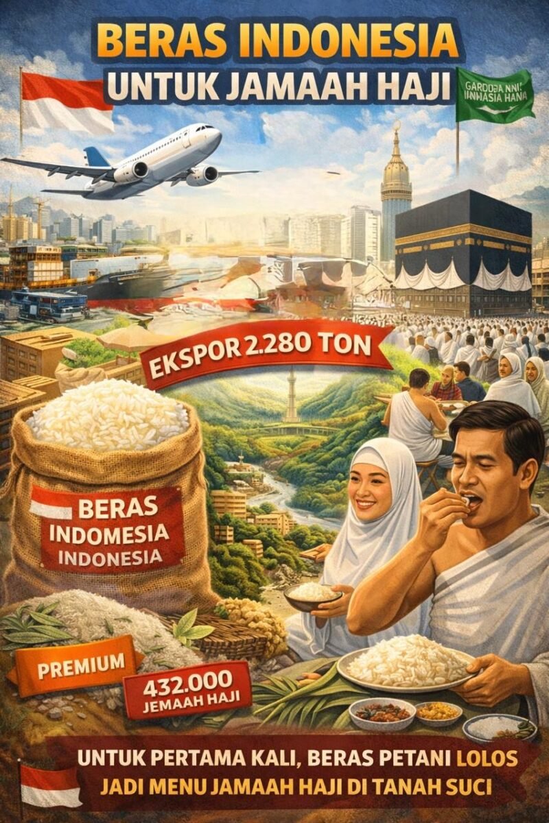 Pemerintah memulai ekspor perdana beras premium hasil petani dalam negeri sebanyak 2.280 ton untuk memenuhi kebutuhan logistik jamaah haji tahun 2026. (Ilustrasi: ist)