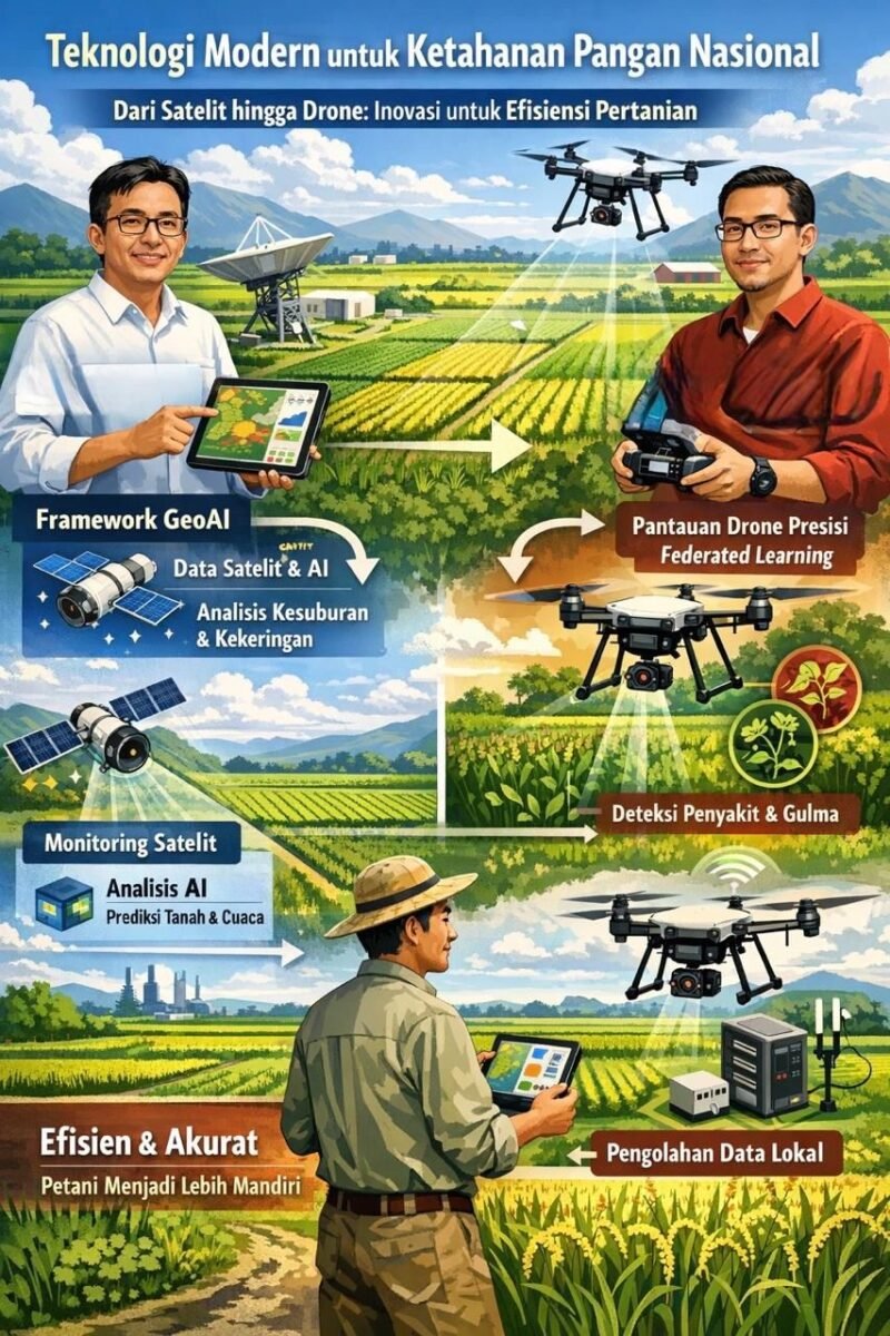 Penerapan teknologi GeoAI (GIS, AI, dan penginderaan jauh) serta Federated Learning untuk mengawasi lahan secara otomatis.(Ilustrasi: Kitani.id)