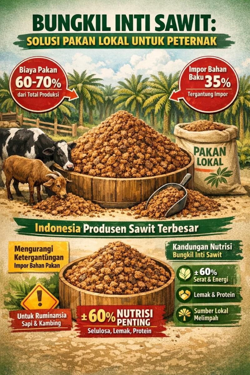 Diversifikasi pakan menggunakan bungkil inti sawit sebagai sumber energi dan serat lokal. (Ilustrasi: Kitani.id)