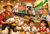 Memanfaatkan Program Makan Bergizi Gratis (MBG) sebagai pasar khusus (hilirisasi) untuk menyerap produksi ayam domestik. (Ilustrasi: Kitani.id)