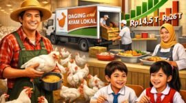 Memanfaatkan Program Makan Bergizi Gratis (MBG) sebagai pasar khusus (hilirisasi) untuk menyerap produksi ayam domestik. (Ilustrasi: Kitani.id)