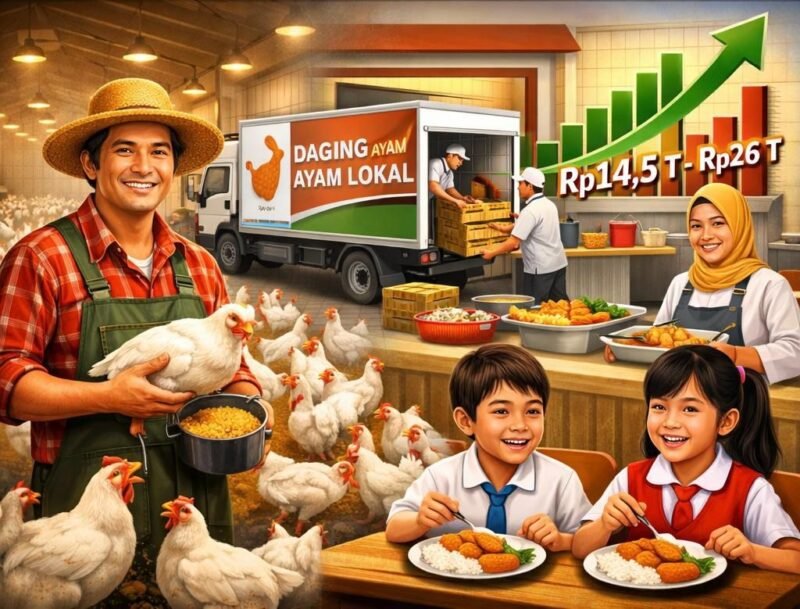 Memanfaatkan Program Makan Bergizi Gratis (MBG) sebagai pasar khusus (hilirisasi) untuk menyerap produksi ayam domestik. (Ilustrasi: Kitani.id)