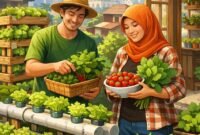 Menerapkan urban farming dengan metode hidroponik atau vertikultur menggunakan barang bekas di area terbatas seperti balkon atau tembok rumah. (ilustrasi: Kitni.id)