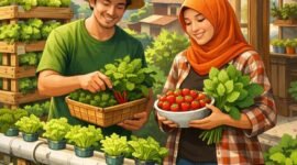 Menerapkan urban farming dengan metode hidroponik atau vertikultur menggunakan barang bekas di area terbatas seperti balkon atau tembok rumah. (ilustrasi: Kitni.id)