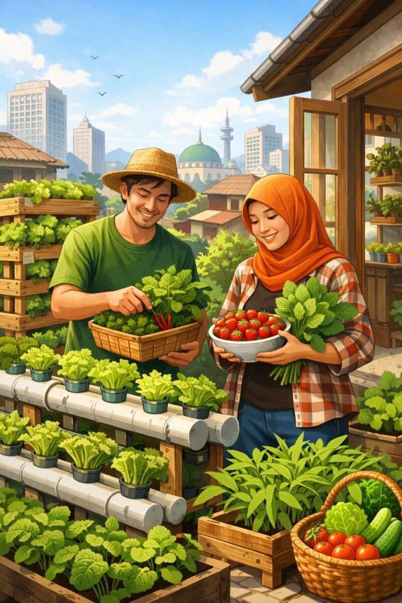 Menerapkan urban farming dengan metode hidroponik atau vertikultur menggunakan barang bekas di area terbatas seperti balkon atau tembok rumah. (ilustrasi: Kitni.id)
