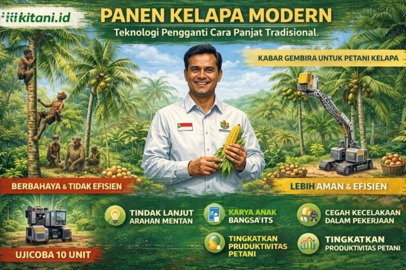 Penggunaan alat panjat kelapa inovasi dari Institut Teknologi Sepuluh Nopember (ITS).(Ilustrasi: ist)