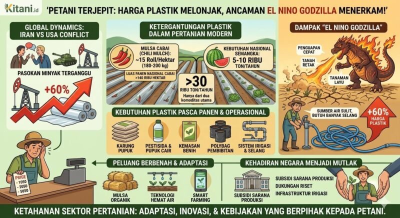 Antisipasi kenaikan harga plastik global melalui pengalihan penggunaan mulsa organik, lalu inovasi smart farming, dan penguatan subsidi dari pemerintah.(ilustrasi: Kitani) 
