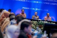 Sekretaris Daerah Provinsi Lampung Marindo Kurniawan saat menjadi keynote speaker dalam Diseminasi Laporan Perekonomian Provinsi (LPP) Semester I 2026 yang digelar Bank Indonesia di Marriott Resort Pesawaran. (Foto: ist)