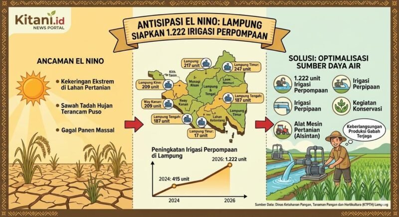 Pengoperasian 1.222 unit irigasi perpompaan dan optimalisasi lahan melalui irigasi perpipaan serta alsintan sebagai antisipasi El Nino Lampung. (Ilustrasi: Kitani.id)