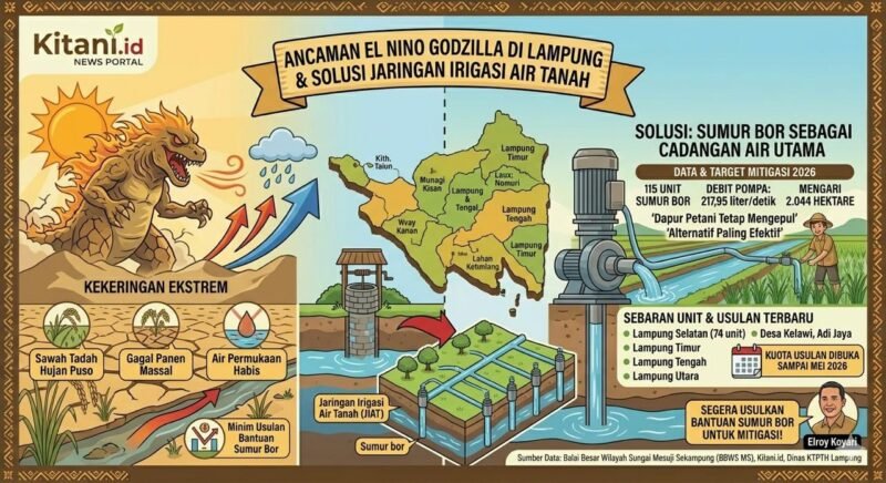 Pemanfaatan Jaringan Irigasi Air Tanah (JIAT) melalui sumur bor sebagai cadangan air utama.(Ilustrasi: Kitani.id)
