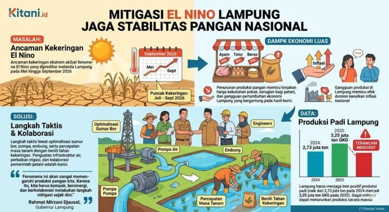 Ancaman kekeringan ekstrem akibat fenomena El Nino diprediksi melanda Lampung pada Mei hingga September 2026.(ilustrasi: Kitani.id)